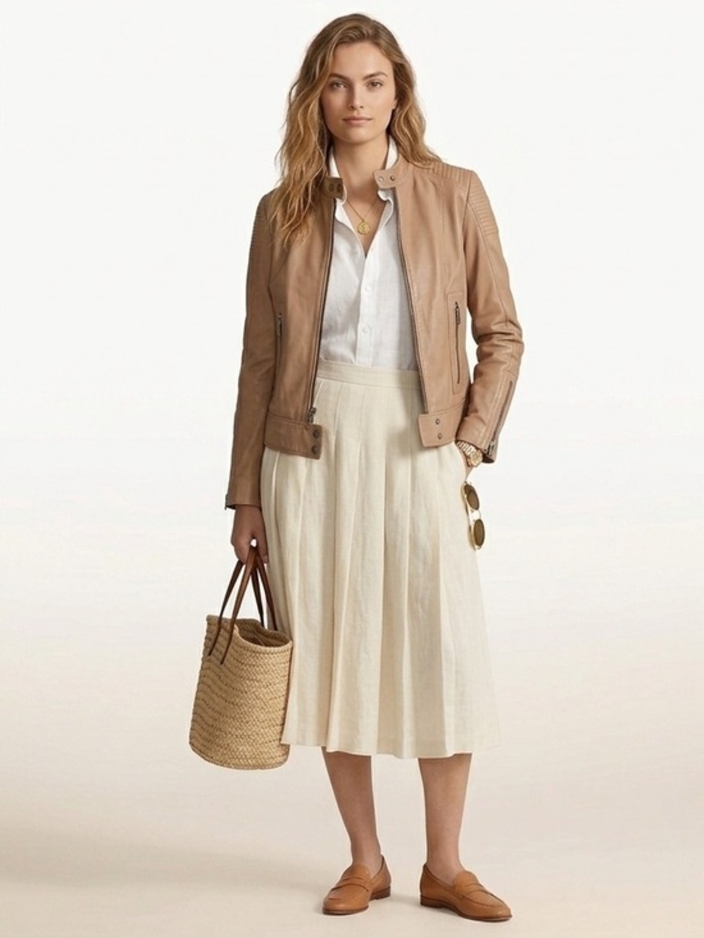 7 For All Mankind Leather Beige Moto Style Jacket Size Small